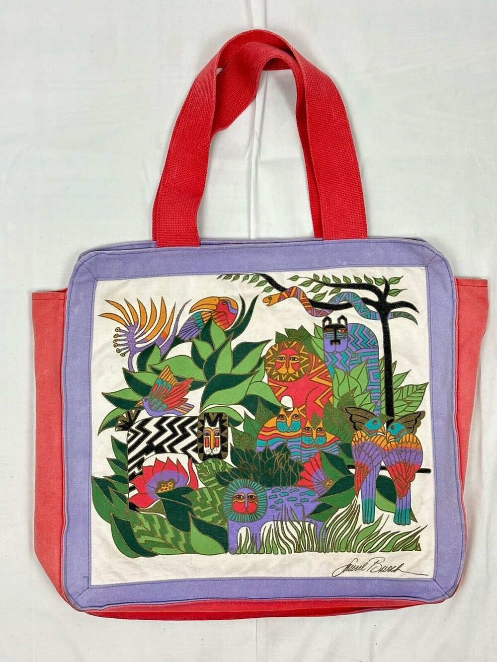Laurel Burch Retired Jungle Animals Large Canvas Tote Bag Purse Artist Signed